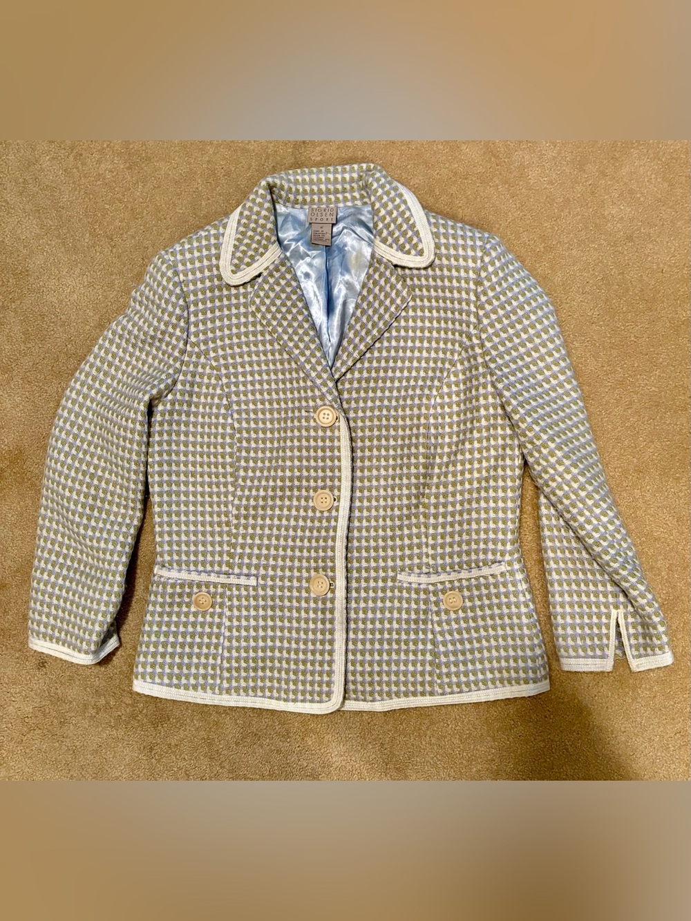 Sigrid Olsen Pale Blue, Green & Cream Houndstooth Wool Blend Blazer size 6